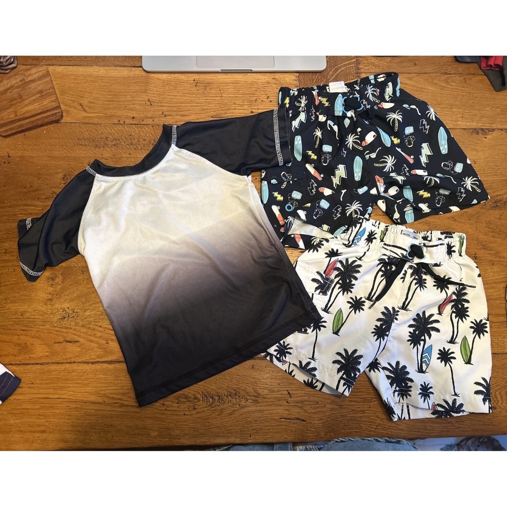 Lot of 3 Mish Boys Black Swim Shirt Shorts Skateboard Beachy Palm Trees Suit 3T